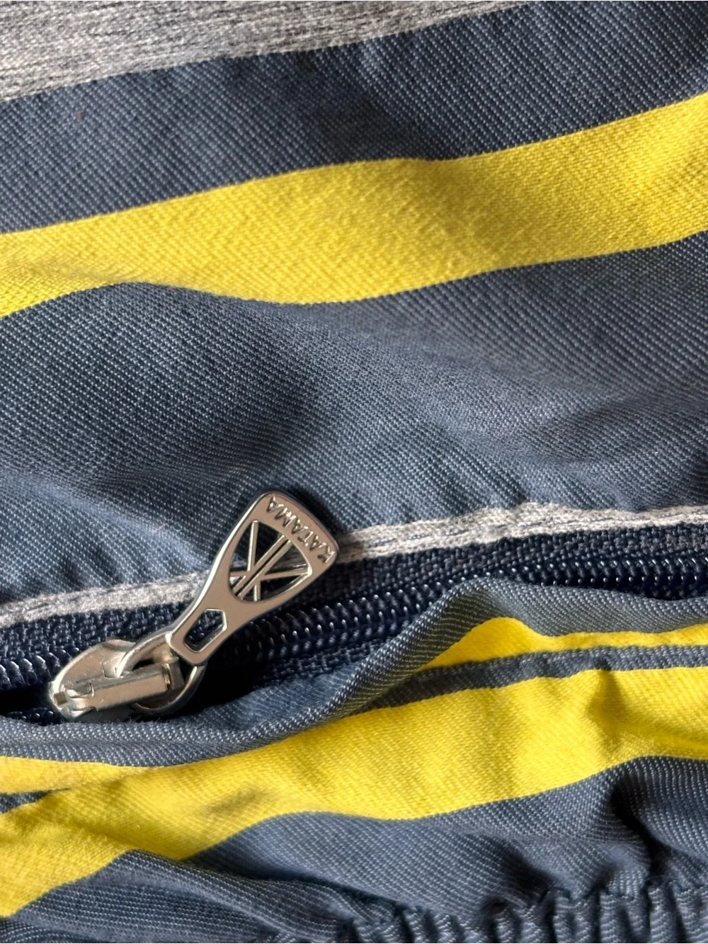 Katama - “The Braden” Men's Navy, grey, and yellow striped swim trunks